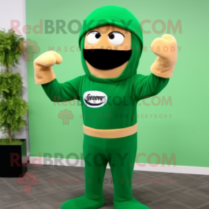 Forest Green Gi Joe mascot costume character dressed with a Cardigan and Beanies