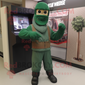 Forest Green Gi Joe mascot costume character dressed with a Cardigan and Beanies