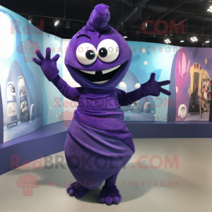 Purple Contortionist mascot costume character dressed with a Wrap Skirt and Mittens