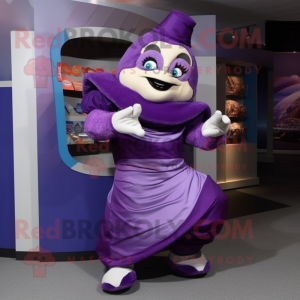 Purple Contortionist mascot costume character dressed with a Wrap Skirt and Mittens