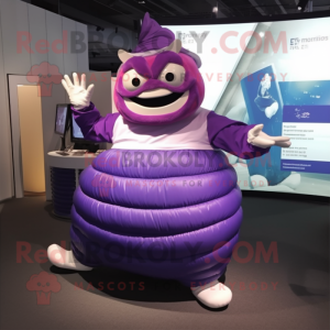 Purple Contortionist mascot costume character dressed with a Wrap Skirt and Mittens