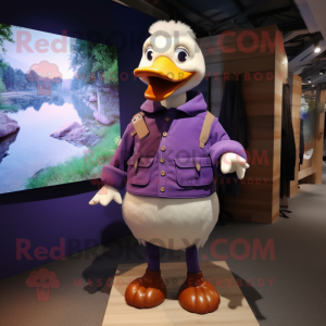 Purple Geese mascot costume character dressed with a Cargo Pants and Shawl pins