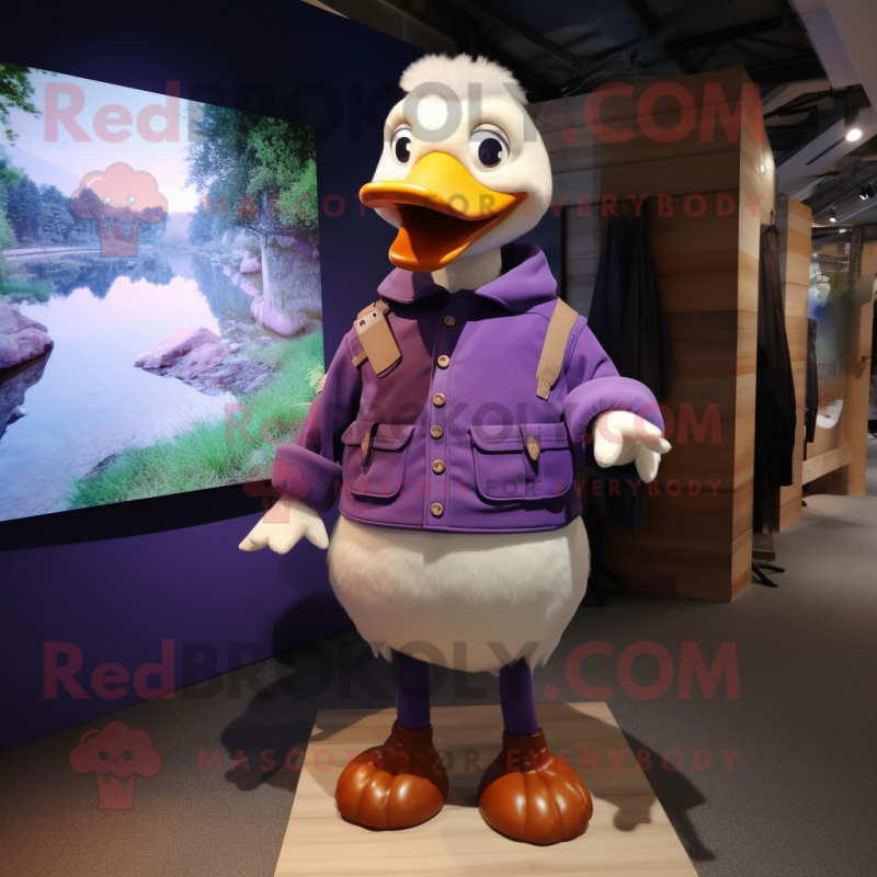 Purple Geese mascot costume character dressed with a Cargo Pants and Shawl pins Purple Geese mascot costume character dressed with a Cargo Pants and Shawl pins