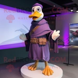 Purple Geese mascot costume character dressed with a Cargo Pants and Shawl pins