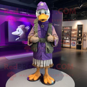 Purple Geese mascot costume character dressed with a Cargo Pants and Shawl pins