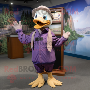 Purple Geese mascot costume character dressed with a Cargo Pants and Shawl pins