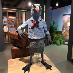 Gray Pheasant mascot costume character dressed with a Denim Shirt and Foot pads