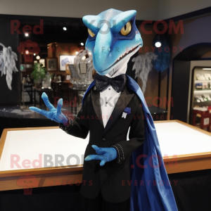 Blue Dimorphodon mascot costume character dressed with a Tuxedo and Shawl pins