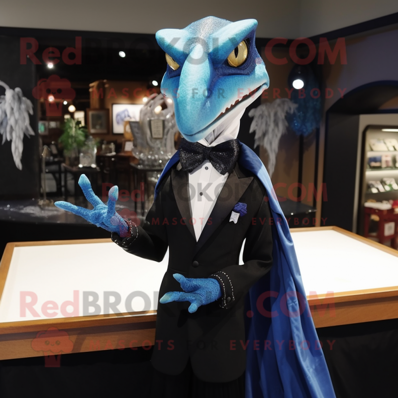 Blue Dimorphodon mascot costume character dressed with a Tuxedo and Shawl pins Blue Dimorphodon mascot costume character dressed with a Tuxedo and Shawl pins