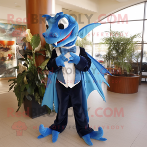 Blue Dimorphodon mascot costume character dressed with a Tuxedo and Shawl pins
