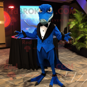 Blue Dimorphodon mascot costume character dressed with a Tuxedo and Shawl pins