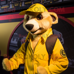Yellow Meerkat mascot costume character dressed with a Bomber Jacket and Caps