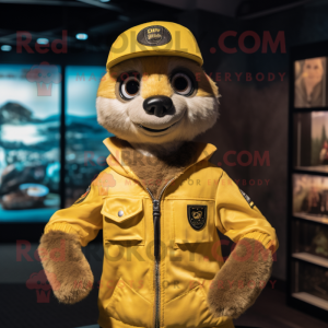 Yellow Meerkat mascot costume character dressed with a Bomber Jacket and Caps