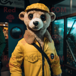 Yellow Meerkat mascot costume character dressed with a Bomber Jacket and Caps