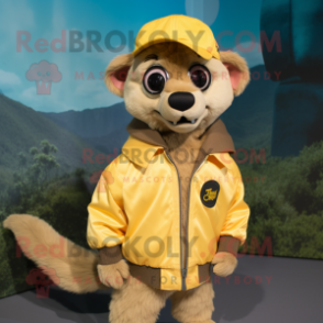 Yellow Meerkat mascot costume character dressed with a Bomber Jacket and Caps