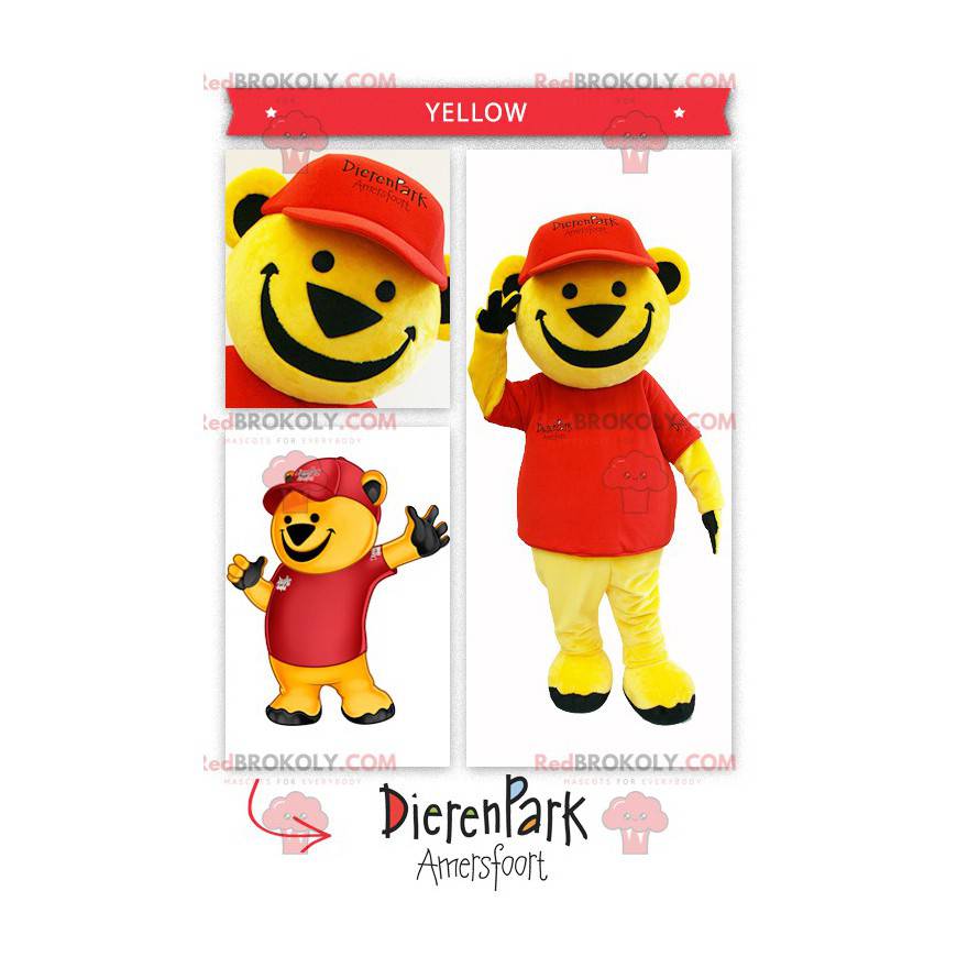 Mascote grande urso amarelo vestido de vermelho - Redbrokoly.com