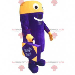 Mascota de muñeco de nieve púrpura y amarillo con una maleta -