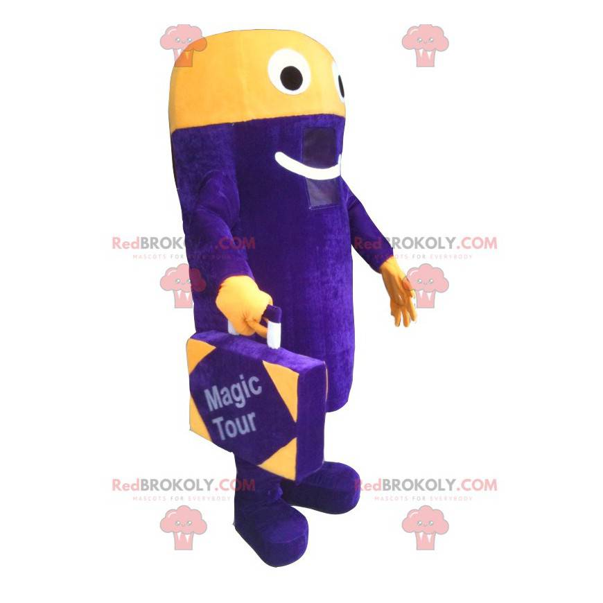 Purple and yellow snowman mascot with a suitcase -