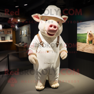 White Sow mascot costume character dressed with a Playsuit and Hats