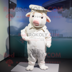 White Sow mascot costume character dressed with a Playsuit and Hats