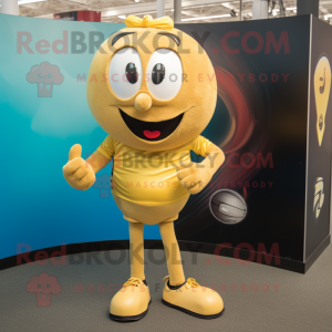 Gold Rugby Ball mascot costume character dressed with a Playsuit and Shoe laces