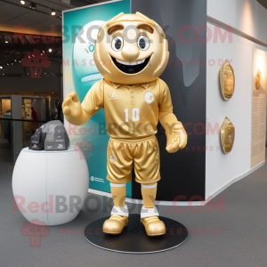 Gold Rugby Ball mascot costume character dressed with a Playsuit and Shoe laces