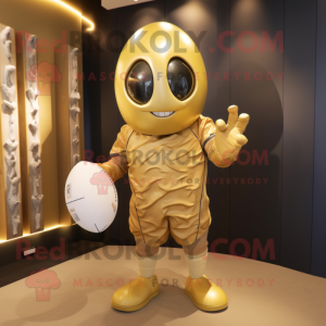 Gold Rugby Ball mascot costume character dressed with a Playsuit and Shoe laces