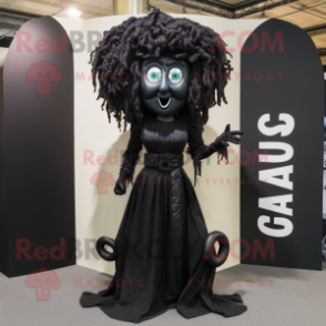 Black Medusa mascot costume character dressed with a Dress Pants and Earrings