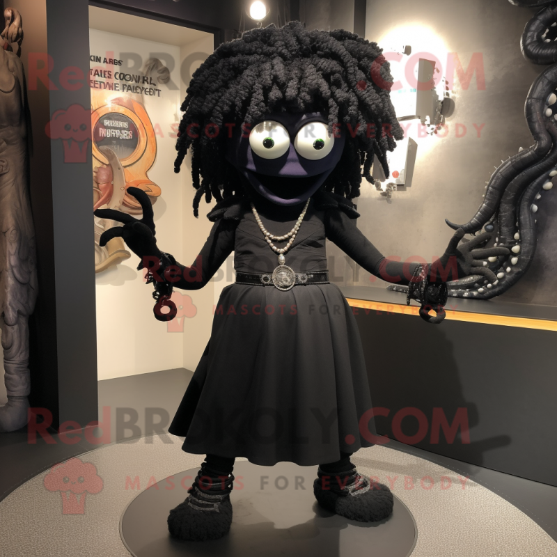 Black Medusa mascot costume character dressed with a Dress Pants and Earrings Black Medusa mascot costume character dressed with a Dress Pants and Earrings