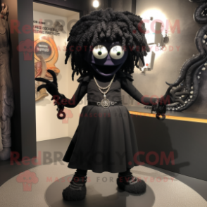 Black Medusa mascot costume character dressed with a Dress Pants and Earrings