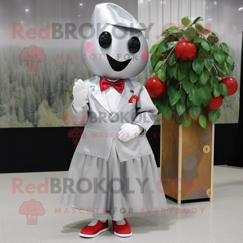 Silver Cherry mascot costume character dressed with a A-Line Dress and Pocket squares