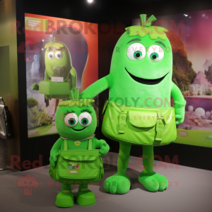 Lime Green Pendant mascot costume character dressed with a Skirt and Messenger bags