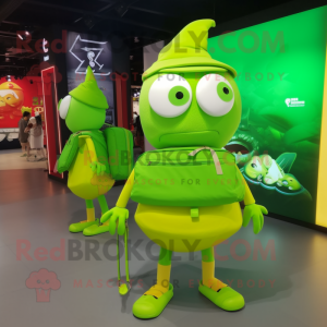 Lime Green Pendant mascot costume character dressed with a Skirt and Messenger bags