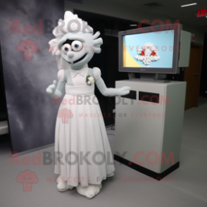 Gray Television mascot costume character dressed with a Wedding Dress and Keychains