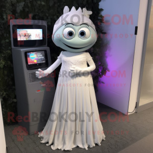 Gray Television mascot costume character dressed with a Wedding Dress and Keychains