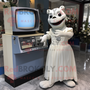 Gray Television mascot costume character dressed with a Wedding Dress and Keychains