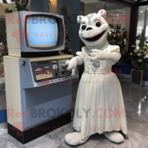 Gray Television mascot costume character dressed with a Wedding Dress and Keychains