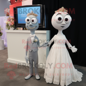 Gray Television mascot costume character dressed with a Wedding Dress and Keychains