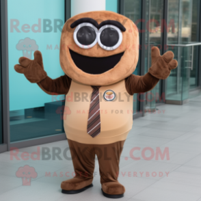 Brown Bagels mascot costume character dressed with a Dress Pants and Sunglasses