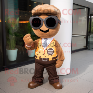 Brown Bagels mascot costume character dressed with a Dress Pants and Sunglasses