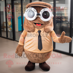 Brown Bagels mascot costume character dressed with a Dress Pants and Sunglasses