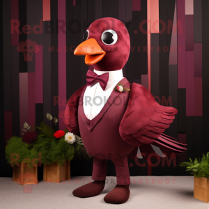 Maroon Dove mascot costume character dressed with a Bodysuit and Bow ties