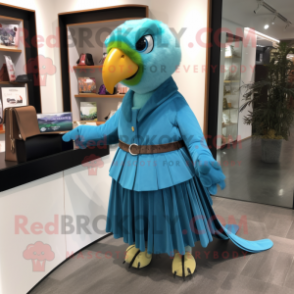 Cyan Parrot mascot costume character dressed with a Pleated Skirt and Belts