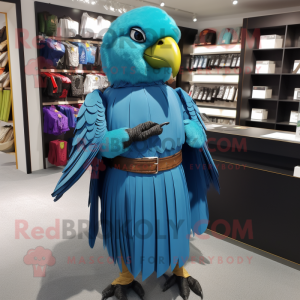 Cyan Parrot mascot costume character dressed with a Pleated Skirt and Belts