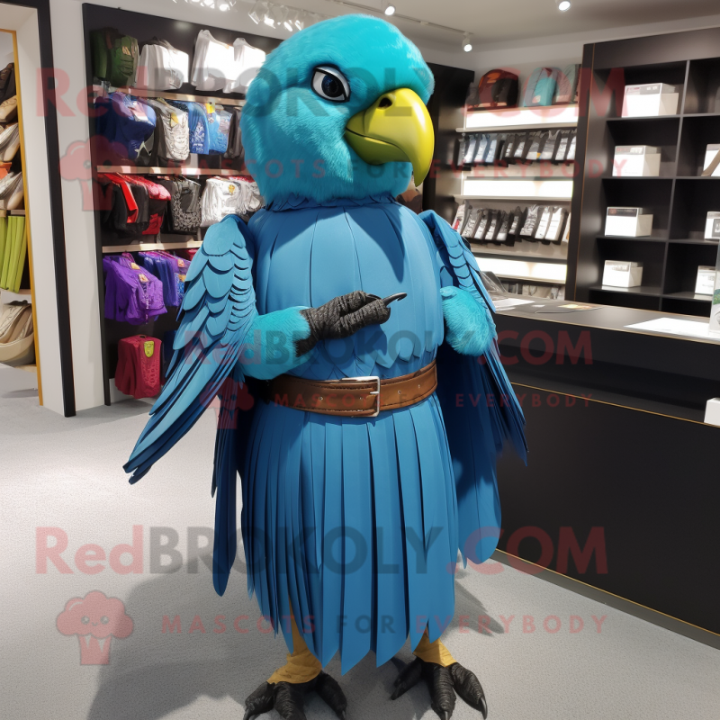 Cyan Parrot mascot costume character dressed with a Pleated Skirt and Belts Cyan Parrot mascot costume character dressed with a Pleated Skirt and Belts