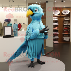 Cyan Parrot mascot costume character dressed with a Pleated Skirt and Belts