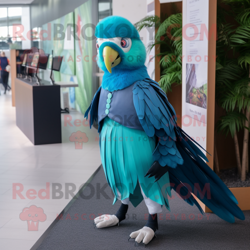 Cyan Parrot mascot costume character dressed with a Pleated Skirt and Belts