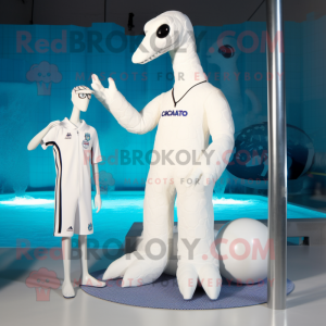 White Brachiosaurus mascot costume character dressed with a One-Piece Swimsuit and Foot pads