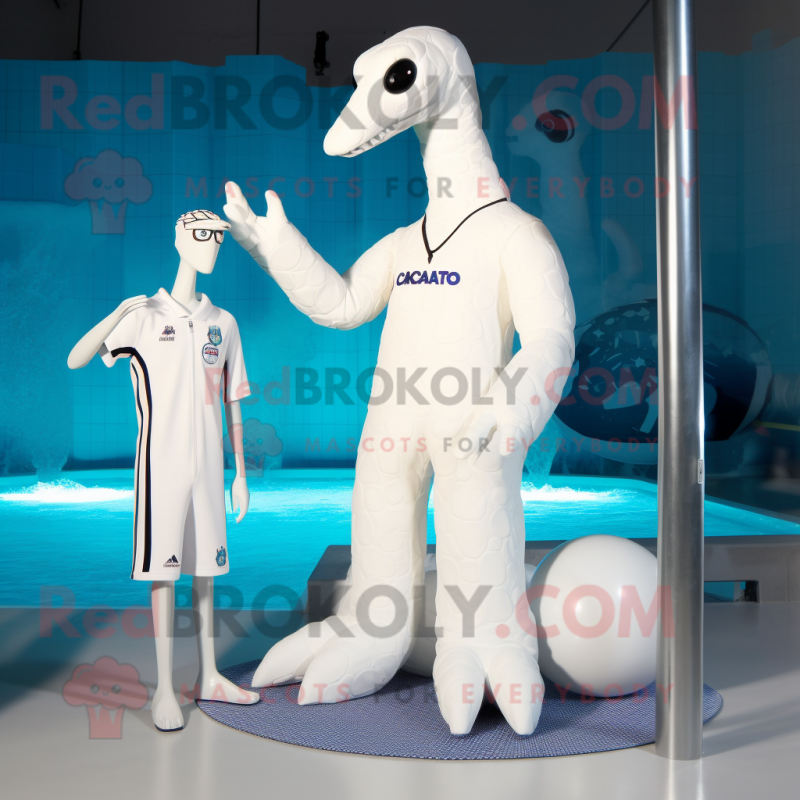 White Brachiosaurus mascot costume character dressed with a One-Piece Swimsuit and Foot pads White Brachiosaurus mascot costume character dressed with a One-Piece Swimsuit and Foot pads