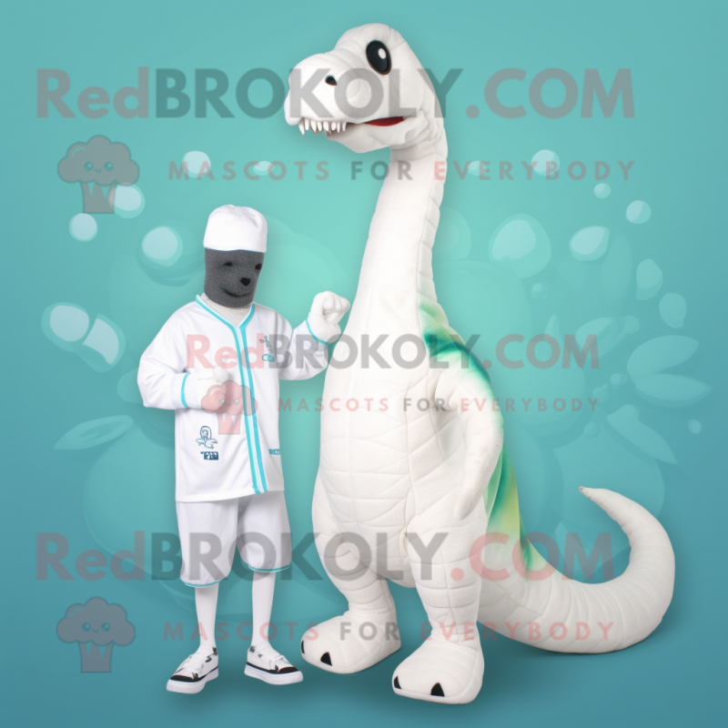 White Brachiosaurus mascot costume character dressed with a One-Piece Swimsuit and Foot pads